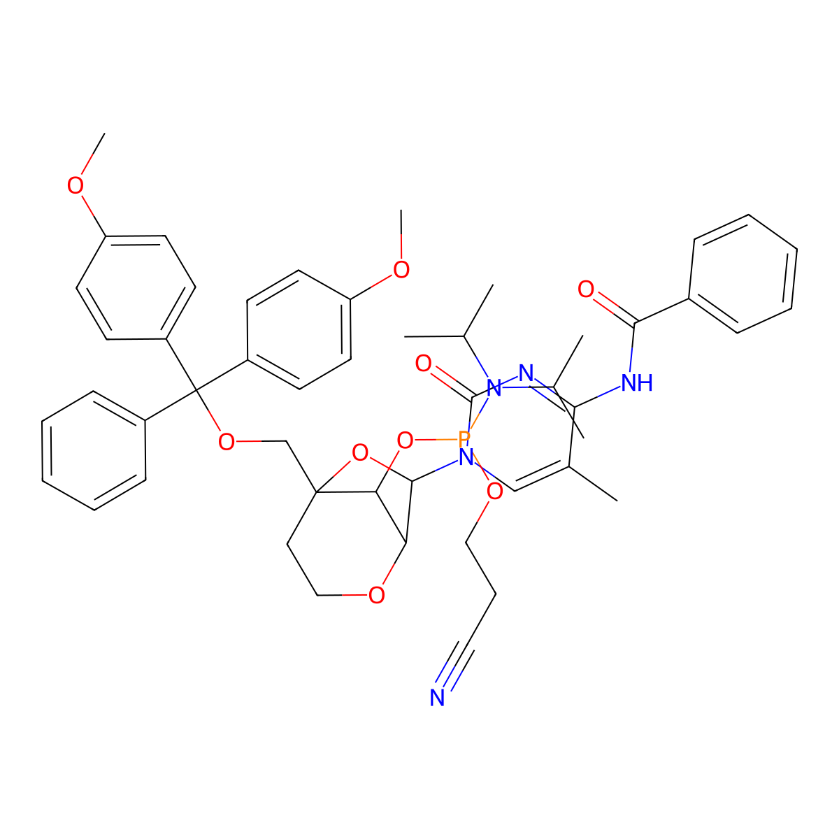 N-{1-[(1R,5R,7R,8S)-5-{[bis(4-methoxyphenyl)(phenyl)methoxy]methyl}-8-({[bis(propan-2-yl)amino](2-cyanoethoxy)phosphanyl}oxy)-2,6-dioxabicyclo[3.2.1]octan-7-yl]-5-methyl-2-oxo-1,2-dihydropyrimidin-4-yl}benzamide molecular structure, CAS 287737-53-5