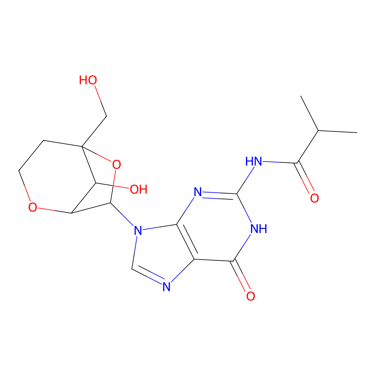 N-(9-[(1R,5R,7R,8S)-8-hydroxy-5-(hydroxymethyl)-2,6-dioxabicyclo[3.2.1]octan-7-yl]-6-oxo-6,9-dihydro-1H-purin-2-yl)-2-methylpropanamide molecular structure, CAS 287737-56-8