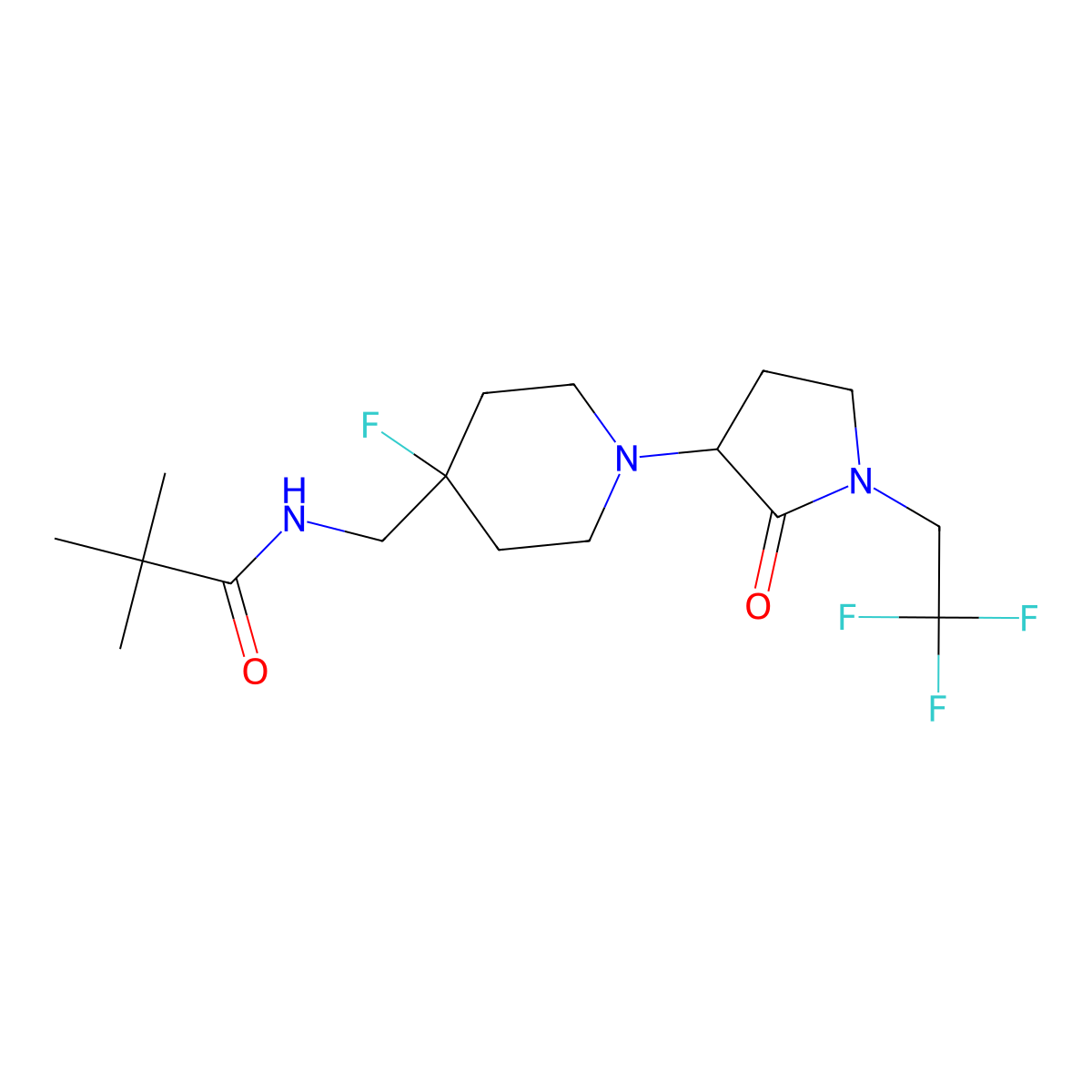 N-({4-fluoro-1-[2-oxo-1-(2,2,2-trifluoroethyl)pyrrolidin-3-yl]piperidin-4-yl}methyl)-2,2-dimethylpropanamide molecular structure, CAS 2877628-20-9