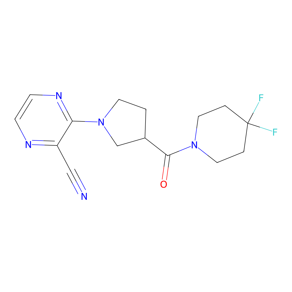3-[3-(4,4-Difluoropiperidine-1-carbonyl)pyrrolidin-1-yl]pyrazine-2-carbonitrile molecular structure, CAS 2877628-29-8