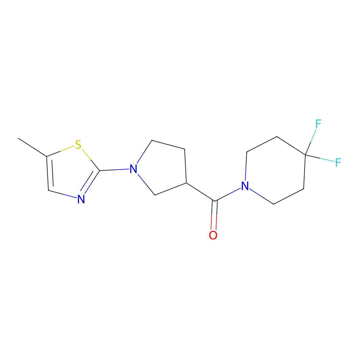 4,4-Difluoro-1-[1-(5-methyl-1,3-thiazol-2-yl)pyrrolidine-3-carbonyl]piperidine molecular structure, CAS 2877628-32-3