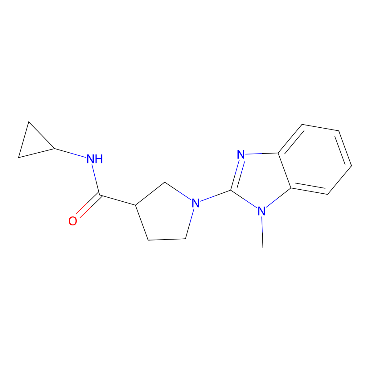 N-cyclopropyl-1-(1-methyl-1H-1,3-benzodiazol-2-yl)pyrrolidine-3-carboxamide molecular structure, CAS 2877628-36-7