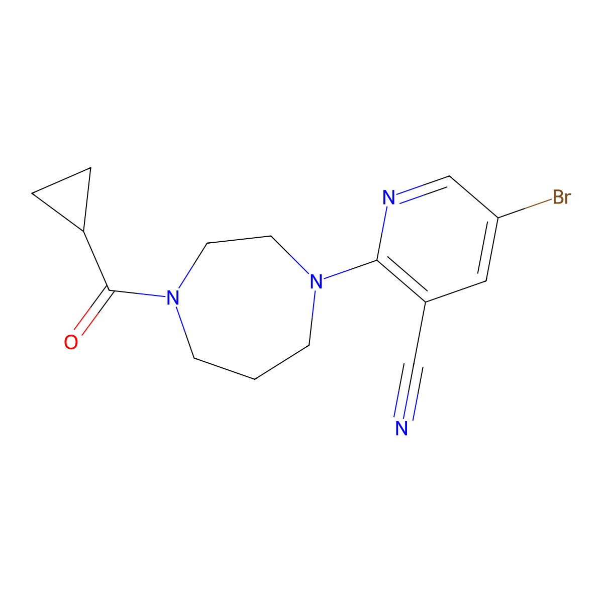 5-Bromo-2-(4-cyclopropanecarbonyl-1,4-diazepan-1-yl)pyridine-3-carbonitrile molecular structure, CAS 2877628-40-3