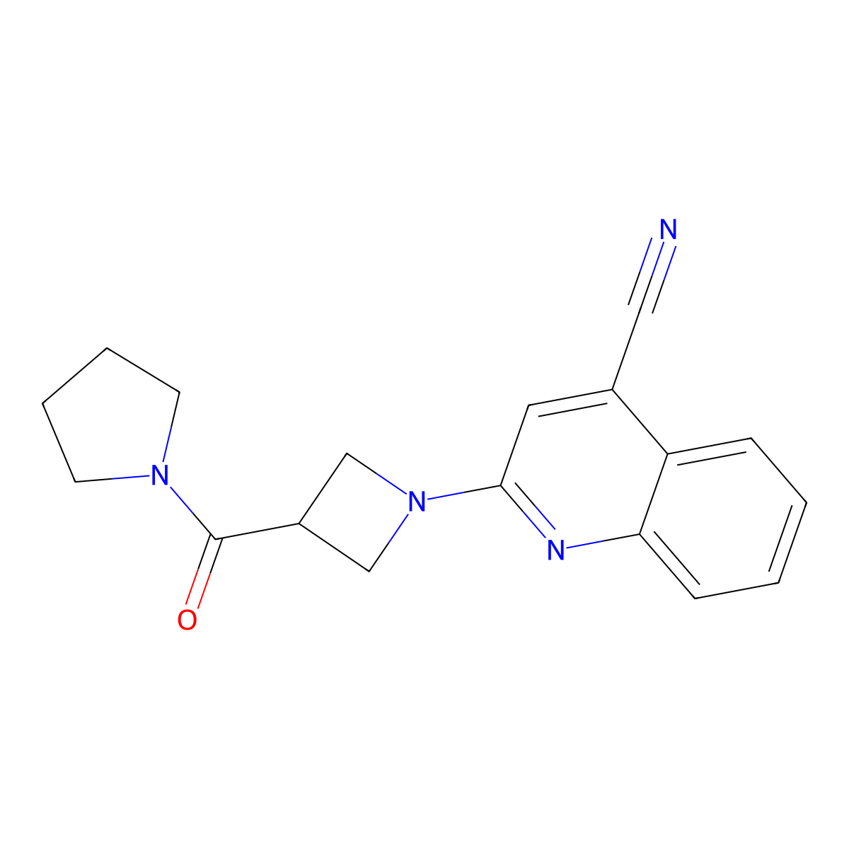 2-[3-(Pyrrolidine-1-carbonyl)azetidin-1-yl]quinoline-4-carbonitrile molecular structure, CAS 2877628-42-5