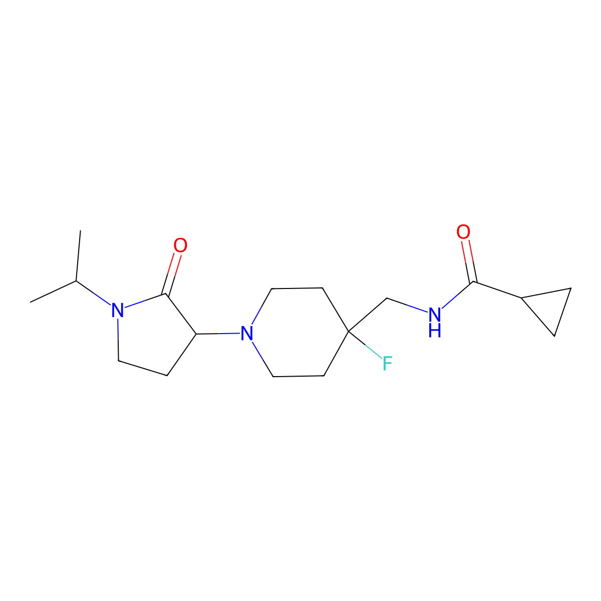 N-({4-fluoro-1-[2-oxo-1-(propan-2-yl)pyrrolidin-3-yl]piperidin-4-yl}methyl)cyclopropanecarboxamide molecular structure, CAS 2877628-43-6