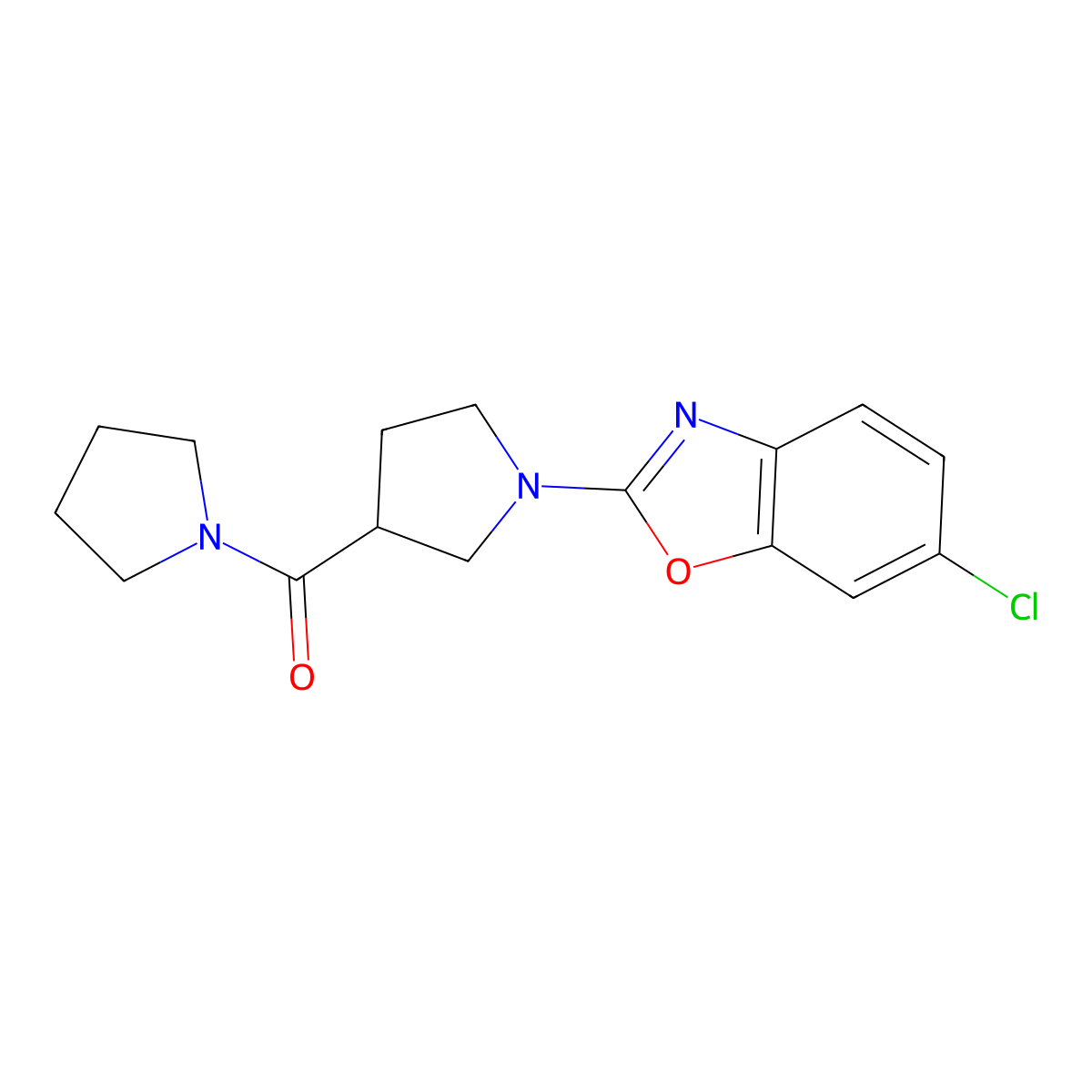 6-Chloro-2-[3-(pyrrolidine-1-carbonyl)pyrrolidin-1-yl]-1,3-benzoxazole molecular structure, CAS 2877628-53-8