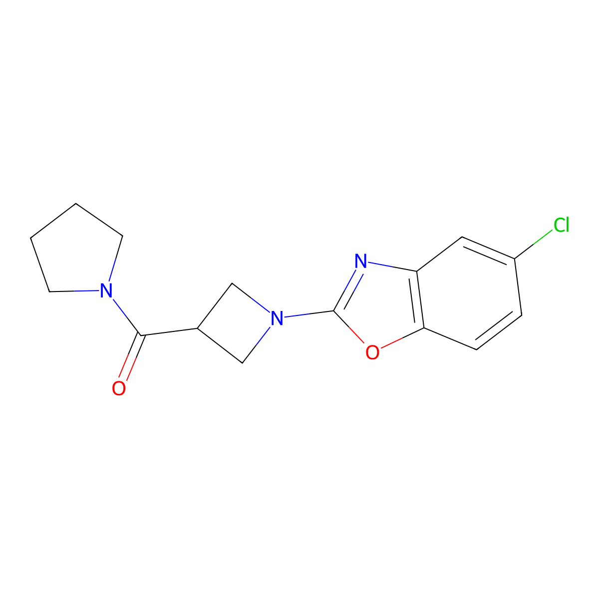 5-Chloro-2-[3-(pyrrolidine-1-carbonyl)azetidin-1-yl]-1,3-benzoxazole molecular structure, CAS 2877628-57-2
