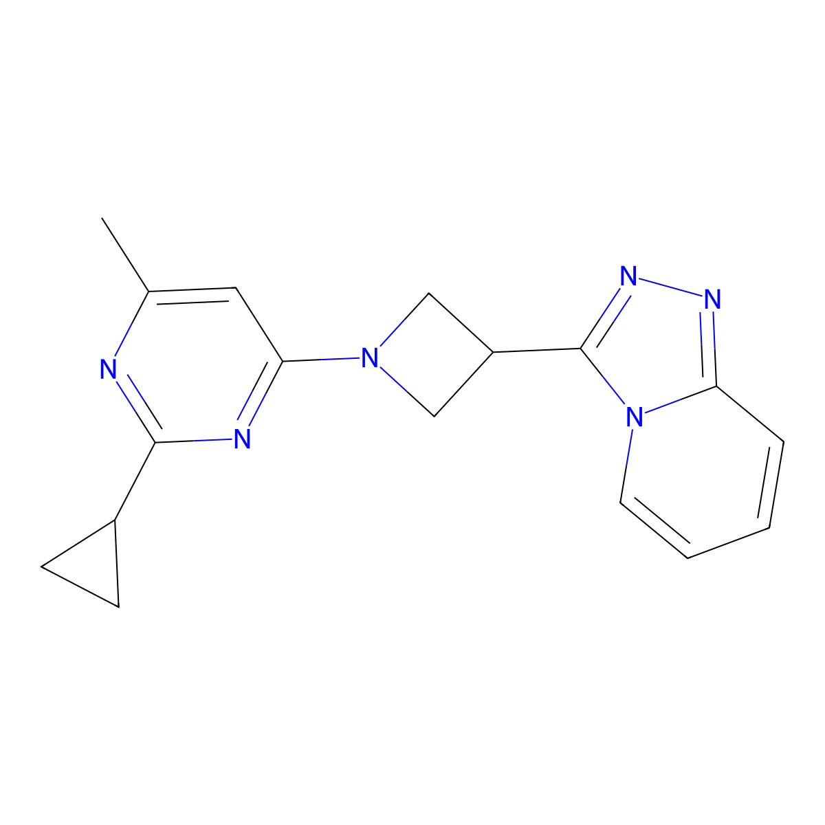 2-Cyclopropyl-4-methyl-6-(3-{[1,2,4]triazolo[4,3-a]pyridin-3-yl}azetidin-1-yl)pyrimidine molecular structure, CAS 2877628-58-3
