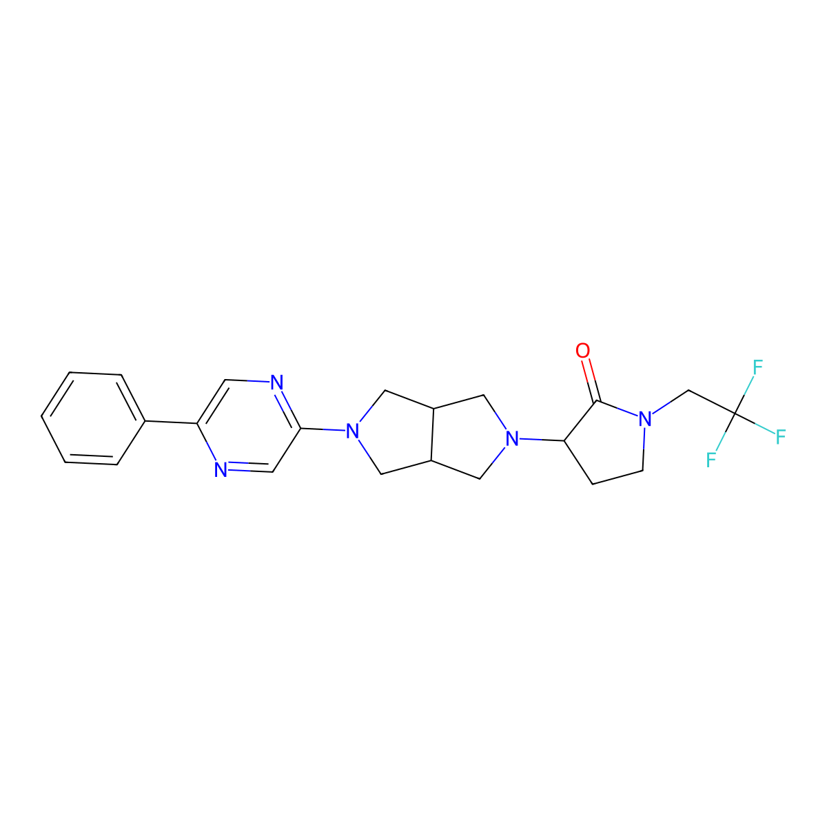 3-[5-(5-Phenylpyrazin-2-yl)-octahydropyrrolo[3,4-c]pyrrol-2-yl]-1-(2,2,2-trifluoroethyl)pyrrolidin-2-one molecular structure, CAS 2877628-59-4