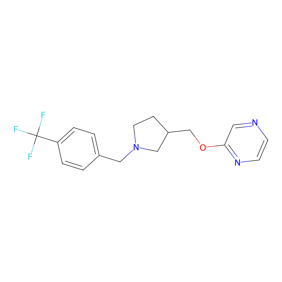 2-[(1-{[4-(Trifluoromethyl)phenyl]methyl}pyrrolidin-3-yl)methoxy]pyrazine molecular structure, CAS 2877628-62-9