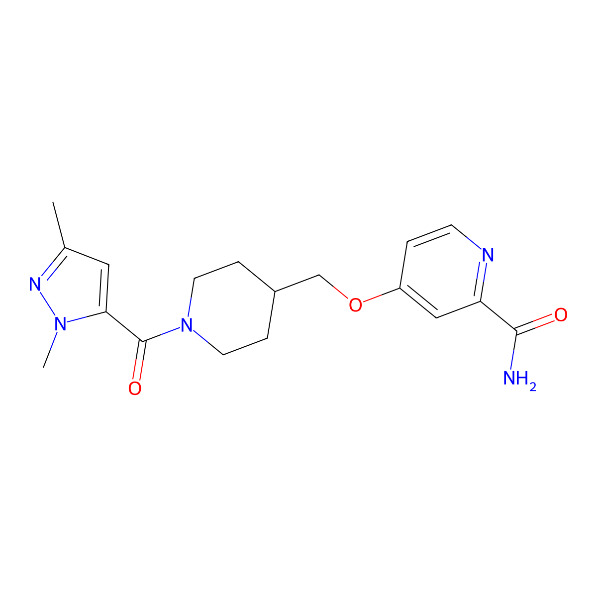4-{[1-(1,3-dimethyl-1H-pyrazole-5-carbonyl)piperidin-4-yl]methoxy}pyridine-2-carboxamide molecular structure, CAS 2877628-66-3