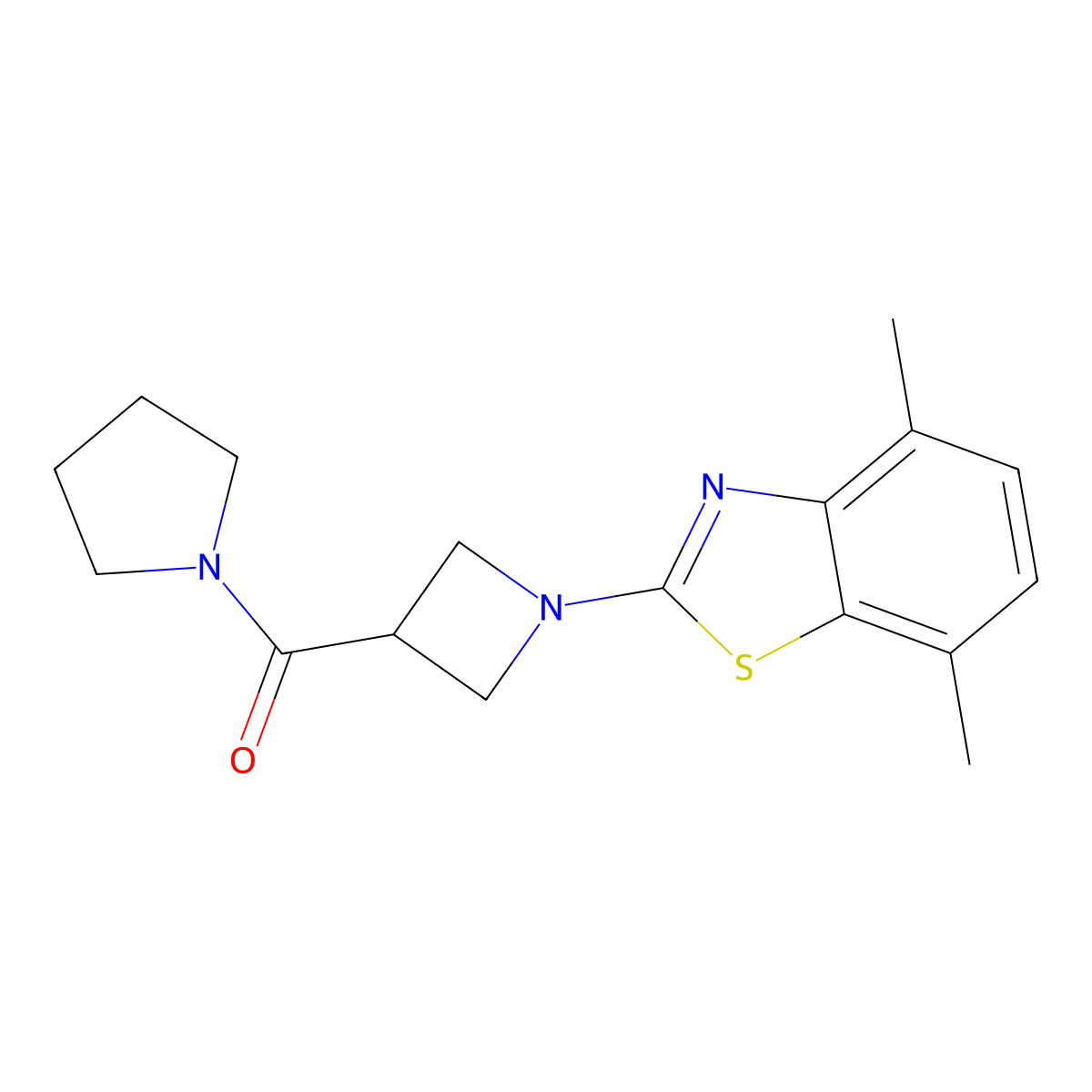 4,7-Dimethyl-2-[3-(pyrrolidine-1-carbonyl)azetidin-1-yl]-1,3-benzothiazole molecular structure, CAS 2877628-67-4