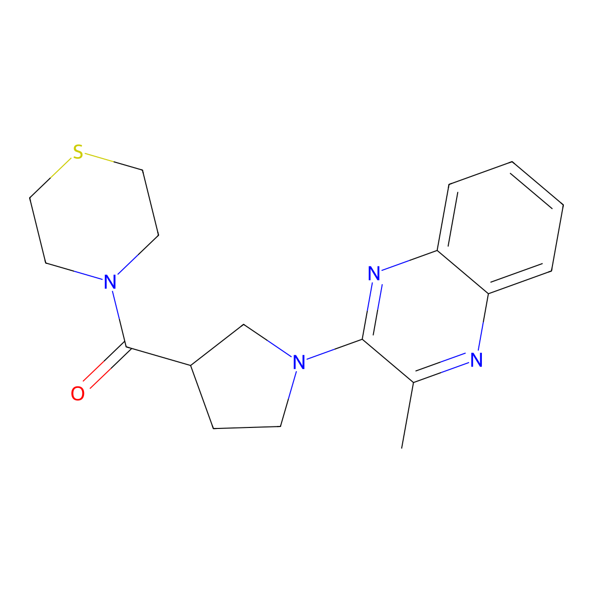 2-Methyl-3-[3-(thiomorpholine-4-carbonyl)pyrrolidin-1-yl]quinoxaline molecular structure, CAS 2877628-68-5