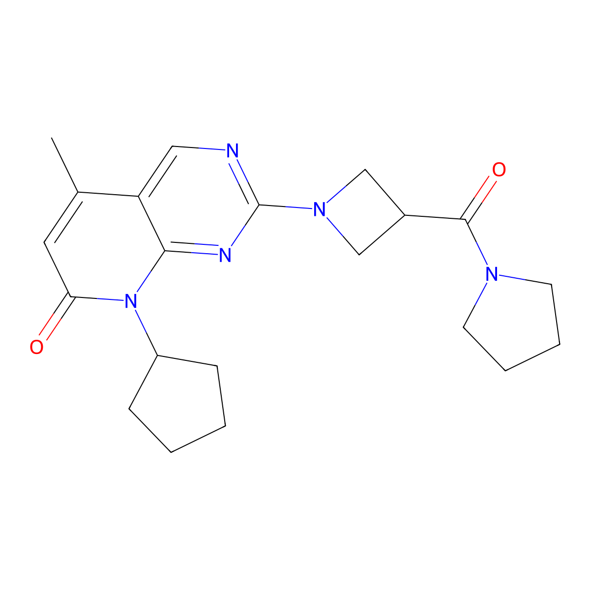 8-cyclopentyl-5-methyl-2-[3-(pyrrolidine-1-carbonyl)azetidin-1-yl]-7H,8H-pyrido[2,3-d]pyrimidin-7-one molecular structure, CAS 2877628-73-2