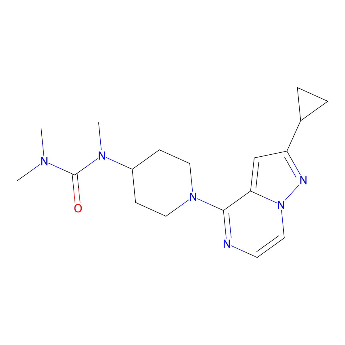 1-(1-{2-Cyclopropylpyrazolo[1,5-a]pyrazin-4-yl}piperidin-4-yl)-1,3,3-trimethylurea molecular structure, CAS 2877628-81-2