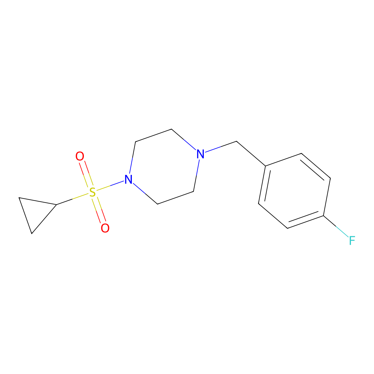 1-(Cyclopropanesulfonyl)-4-[(4-fluorophenyl)methyl]piperazine molecular structure, CAS 2877628-85-6