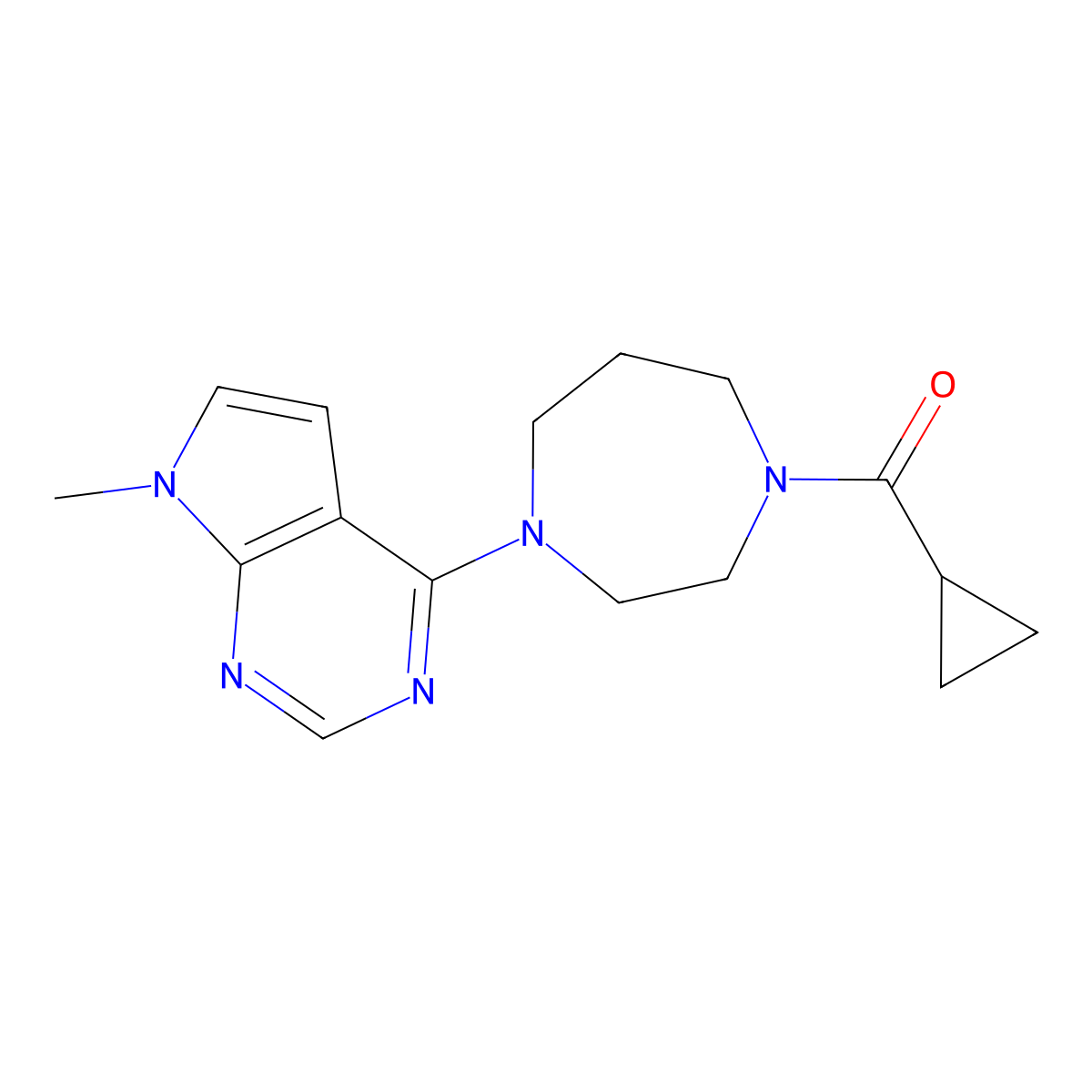 1-cyclopropanecarbonyl-4-{7-methyl-7H-pyrrolo[2,3-d]pyrimidin-4-yl}-1,4-diazepane molecular structure, CAS 2877628-90-3