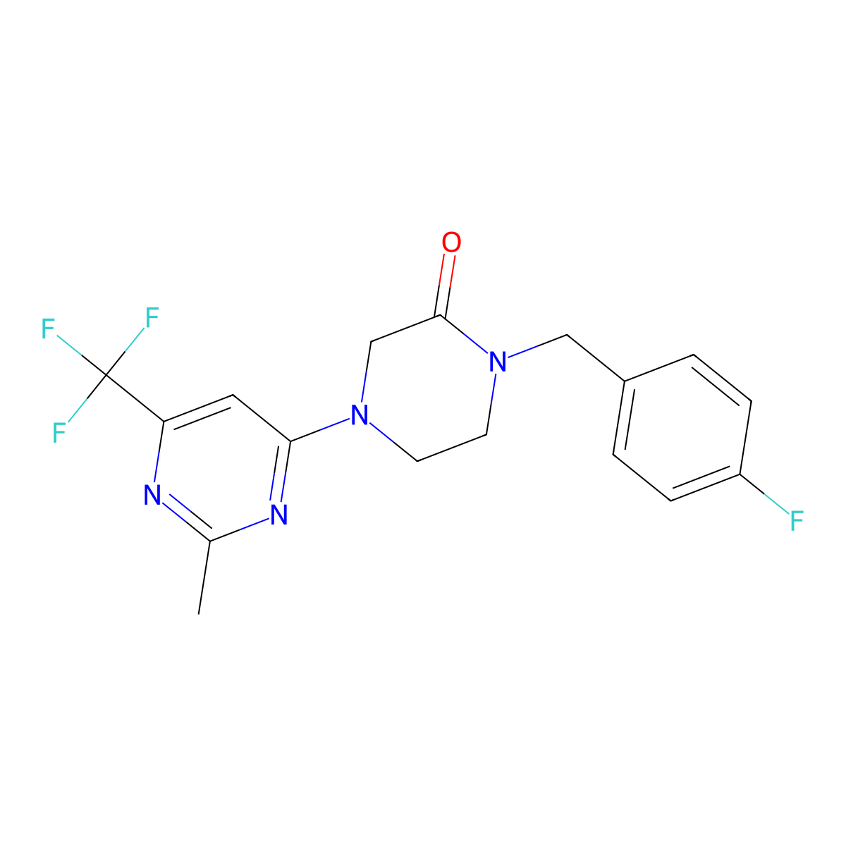 1-[(4-Fluorophenyl)methyl]-4-[2-methyl-6-(trifluoromethyl)pyrimidin-4-yl]piperazin-2-one molecular structure, CAS 2877628-98-1