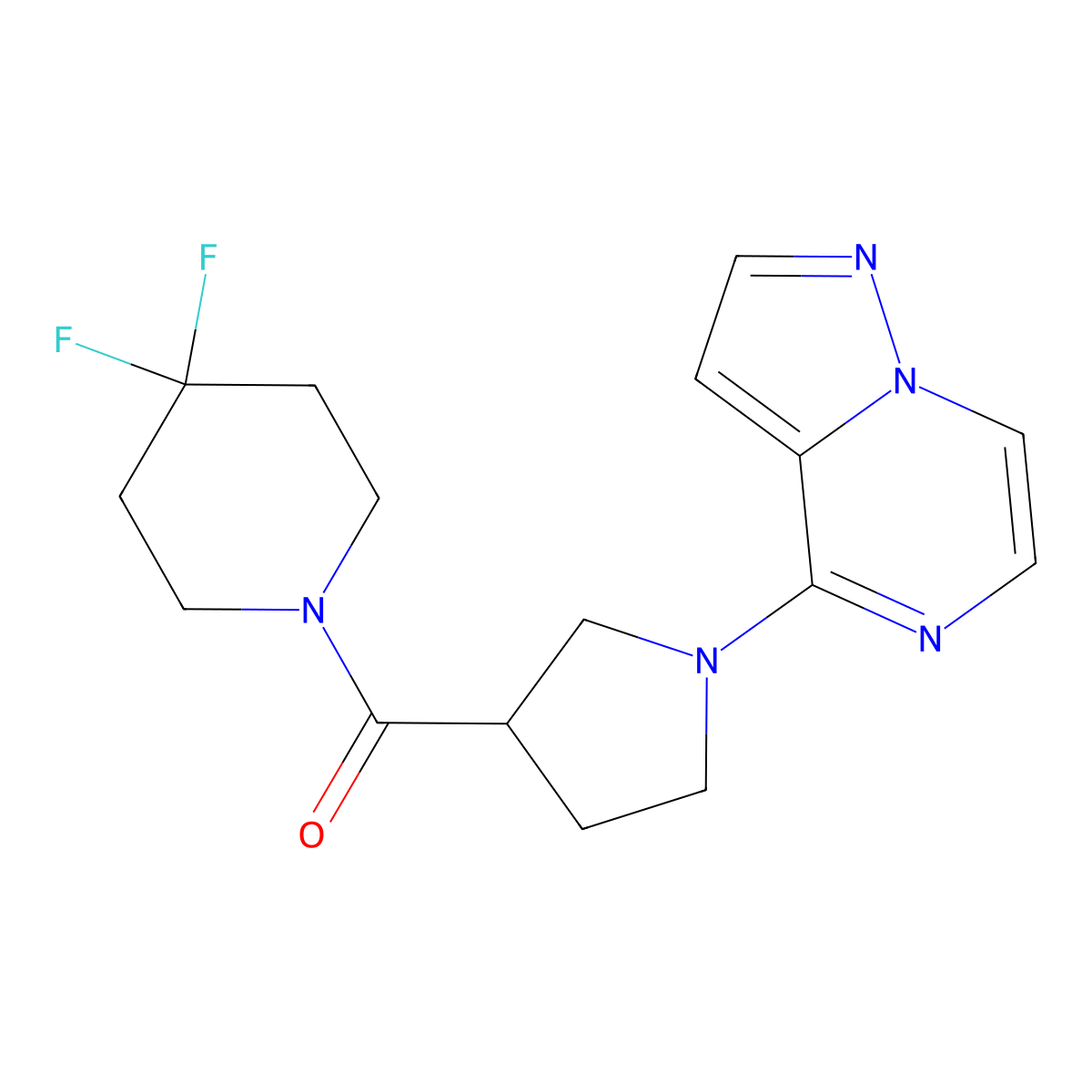 4,4-Difluoro-1-(1-{pyrazolo[1,5-a]pyrazin-4-yl}pyrrolidine-3-carbonyl)piperidine molecular structure, CAS 2877628-99-2