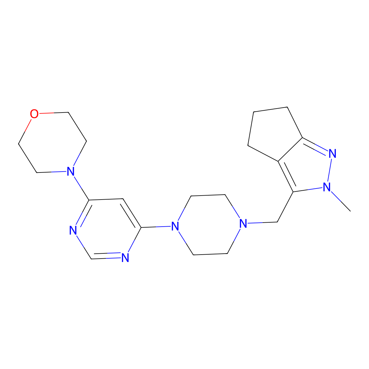 4-{6-[4-({2-methyl-2H,4H,5H,6H-cyclopenta[c]pyrazol-3-yl}methyl)piperazin-1-yl]pyrimidin-4-yl}morpholine molecular structure, CAS 2877629-03-1