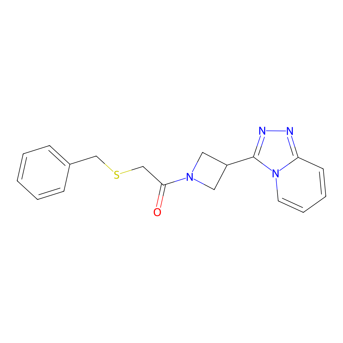 2-(Benzylsulfanyl)-1-(3-{[1,2,4]triazolo[4,3-a]pyridin-3-yl}azetidin-1-yl)ethan-1-one molecular structure, CAS 2877629-11-1