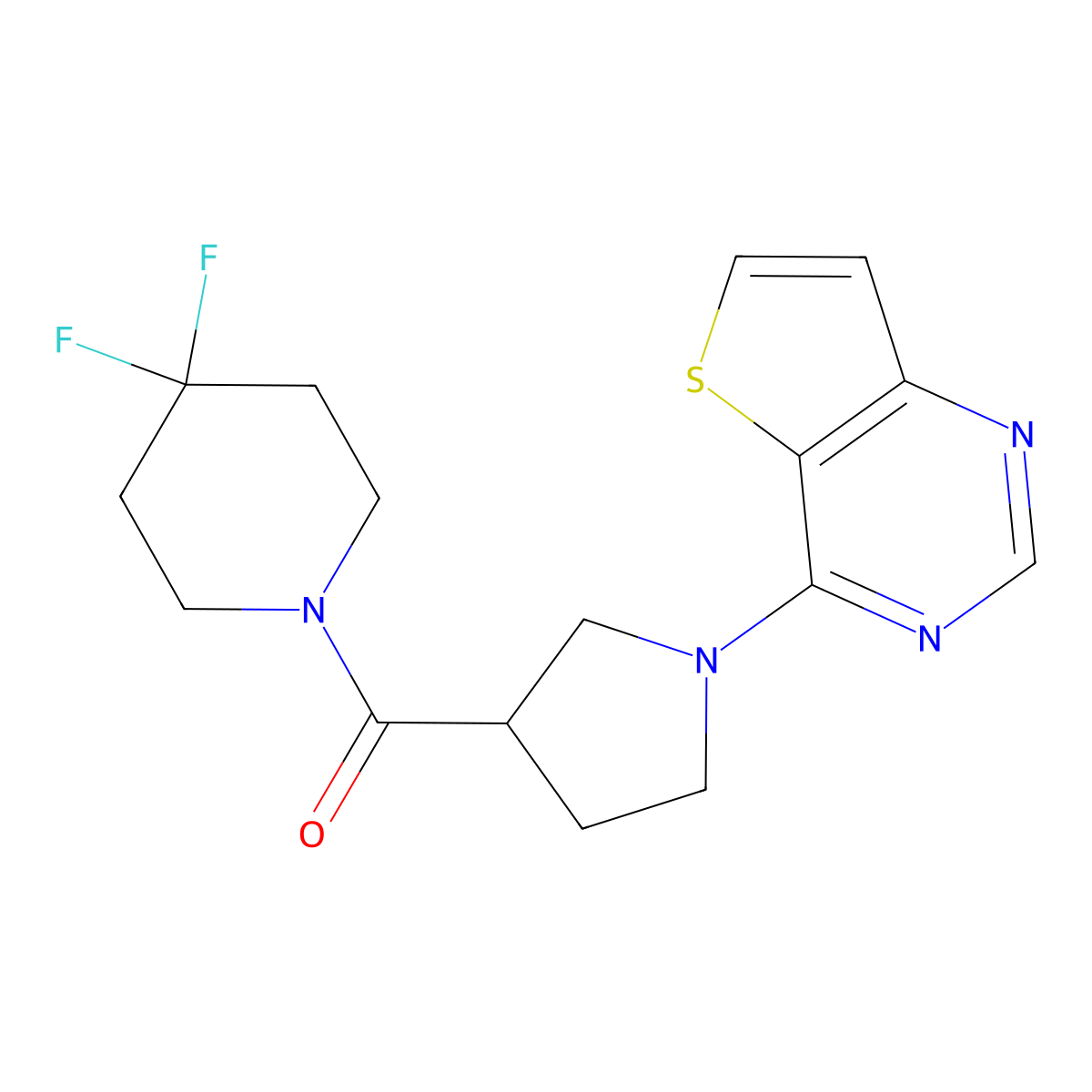 4,4-Difluoro-1-(1-{thieno[3,2-d]pyrimidin-4-yl}pyrrolidine-3-carbonyl)piperidine molecular structure, CAS 2877629-14-4