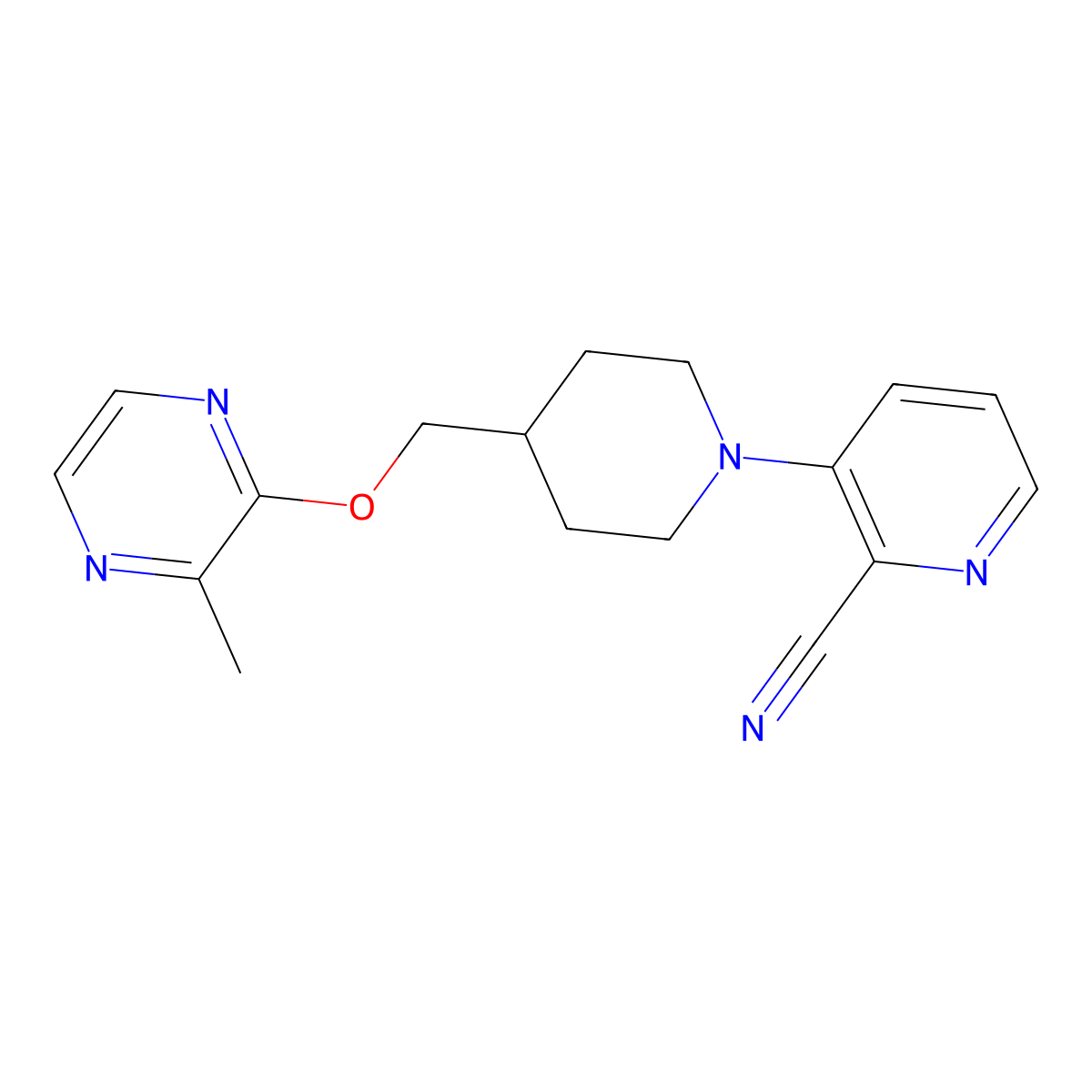 3-(4-{[(3-Methylpyrazin-2-yl)oxy]methyl}piperidin-1-yl)pyridine-2-carbonitrile molecular structure, CAS 2877629-20-2