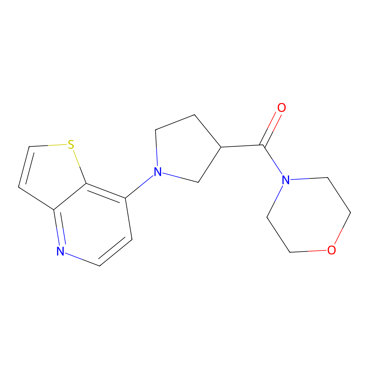 4-(1-{Thieno[3,2-b]pyridin-7-yl}pyrrolidine-3-carbonyl)morpholine molecular structure, CAS 2877629-21-3