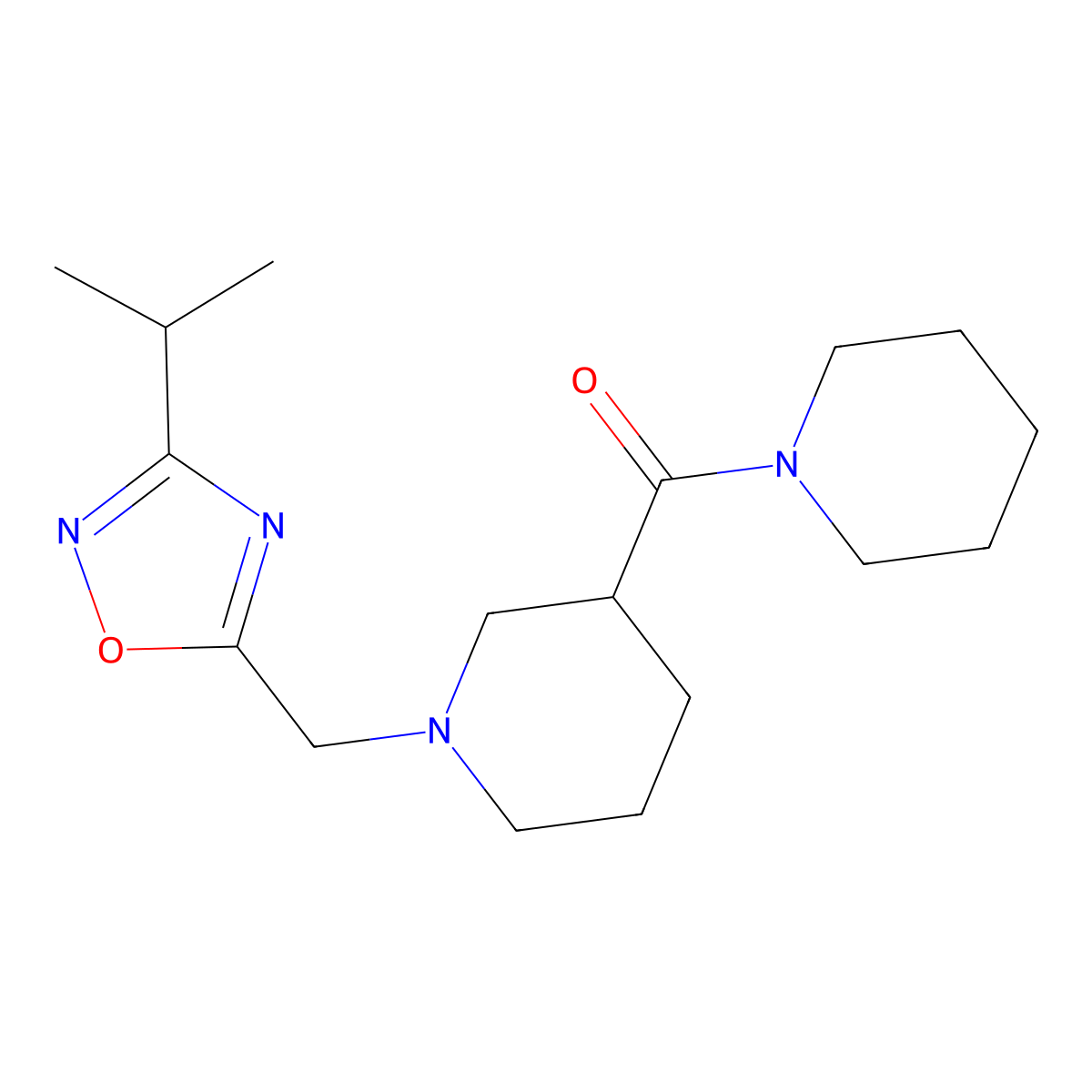 3-(Piperidine-1-carbonyl)-1-{[3-(propan-2-yl)-1,2,4-oxadiazol-5-yl]methyl}piperidine molecular structure, CAS 2877629-30-4