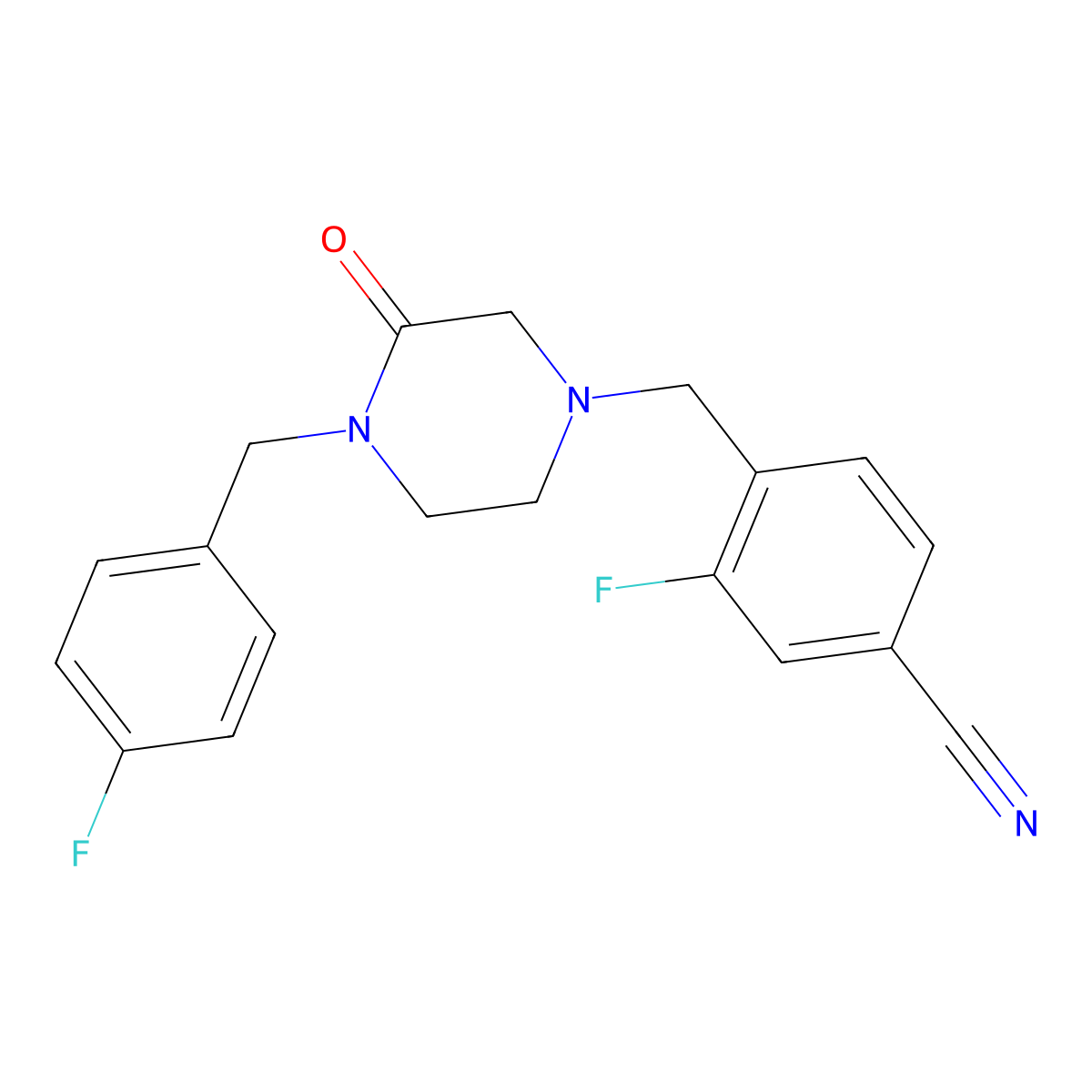 3-Fluoro-4-({4-[(4-fluorophenyl)methyl]-3-oxopiperazin-1-yl}methyl)benzonitrile molecular structure, CAS 2877629-37-1