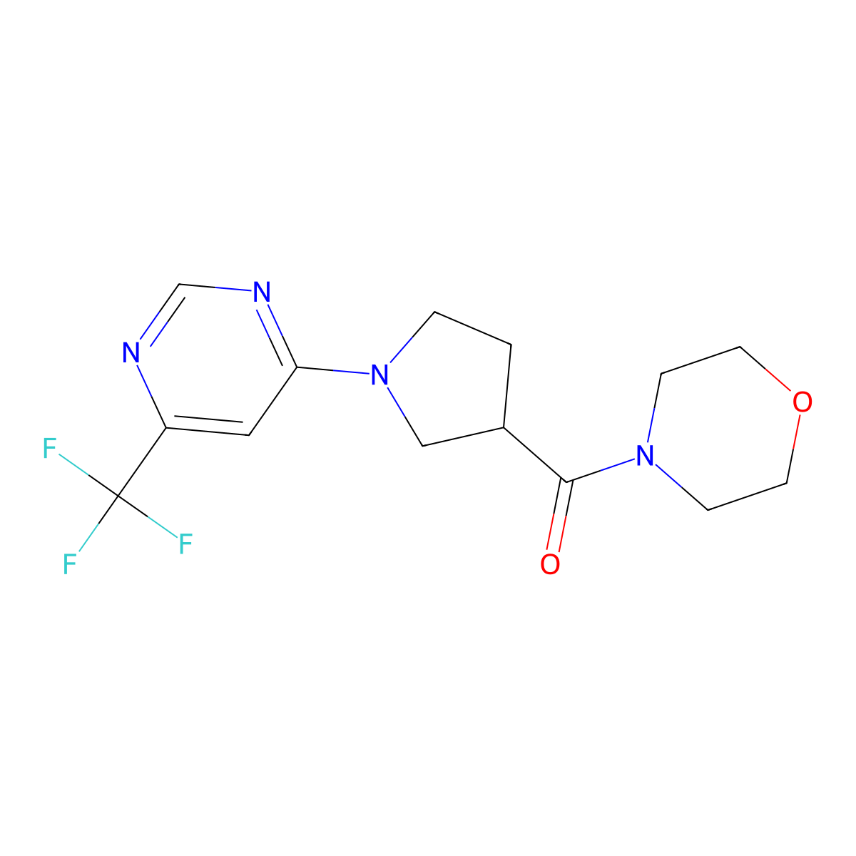 4-{1-[6-(Trifluoromethyl)pyrimidin-4-yl]pyrrolidine-3-carbonyl}morpholine molecular structure, CAS 2877629-40-6