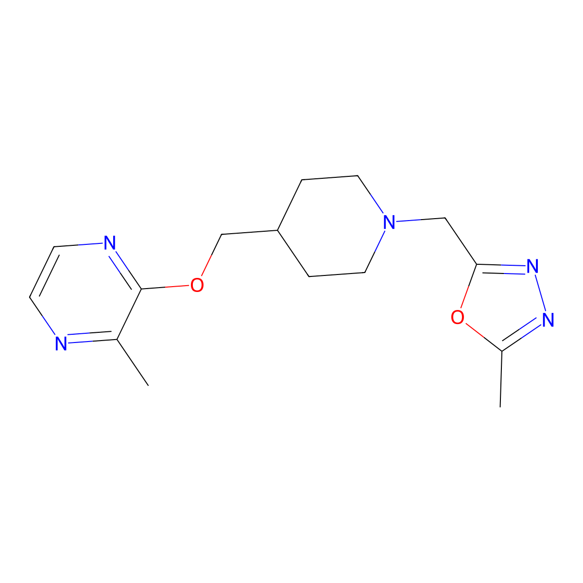 2-Methyl-3-({1-[(5-methyl-1,3,4-oxadiazol-2-yl)methyl]piperidin-4-yl}methoxy)pyrazine molecular structure, CAS 2877629-43-9