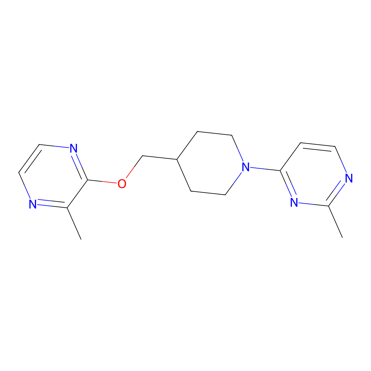 2-Methyl-4-(4-{[(3-methylpyrazin-2-yl)oxy]methyl}piperidin-1-yl)pyrimidine molecular structure, CAS 2877629-44-0