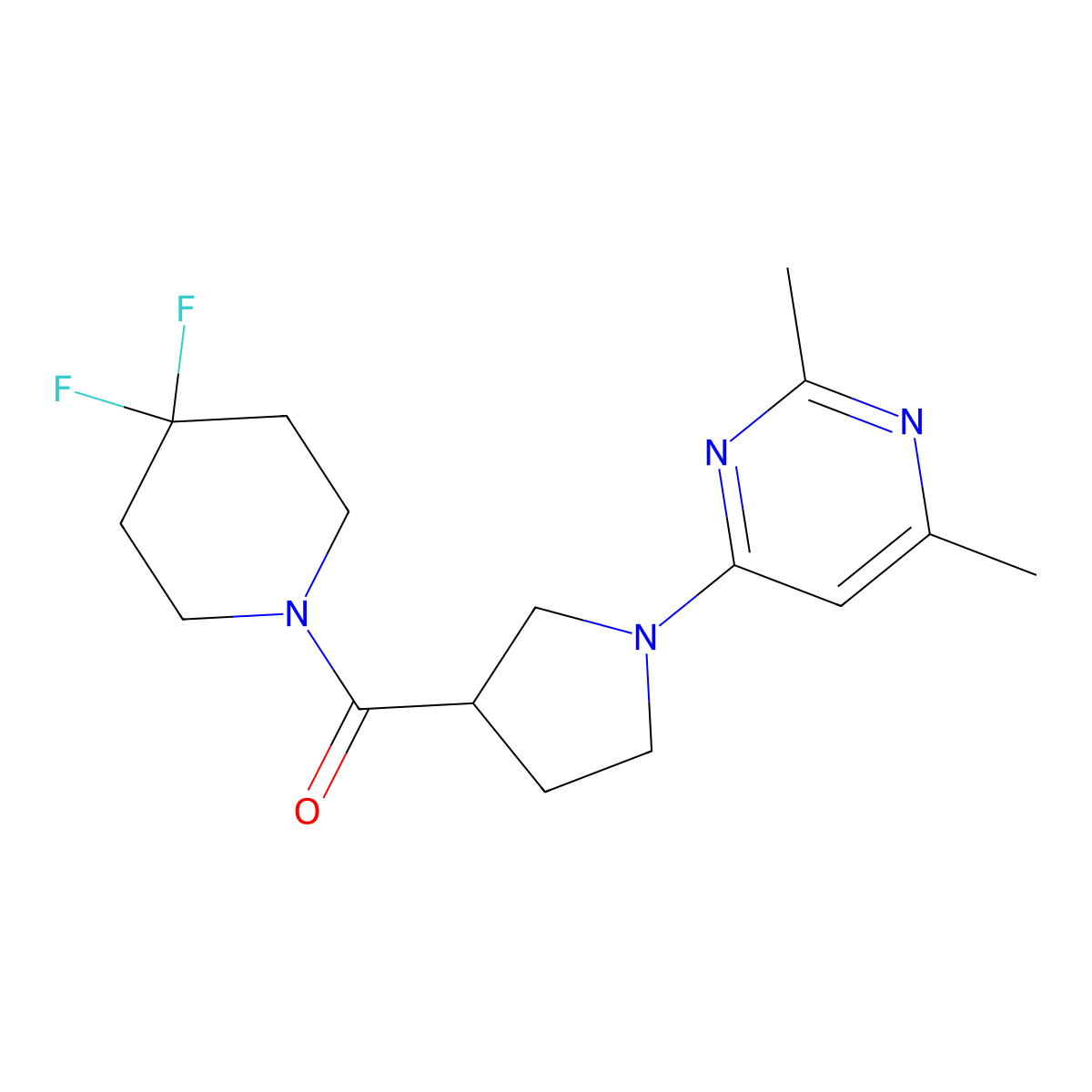4-[3-(4,4-Difluoropiperidine-1-carbonyl)pyrrolidin-1-yl]-2,6-dimethylpyrimidine molecular structure, CAS 2877629-46-2
