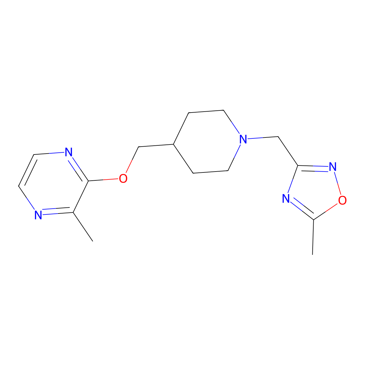 2-Methyl-3-({1-[(5-methyl-1,2,4-oxadiazol-3-yl)methyl]piperidin-4-yl}methoxy)pyrazine molecular structure, CAS 2877629-49-5