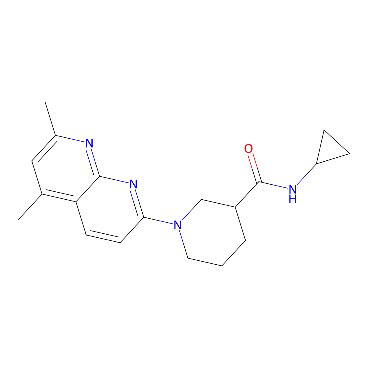 N-cyclopropyl-1-(5,7-dimethyl-1,8-naphthyridin-2-yl)piperidine-3-carboxamide molecular structure, CAS 2877629-51-9