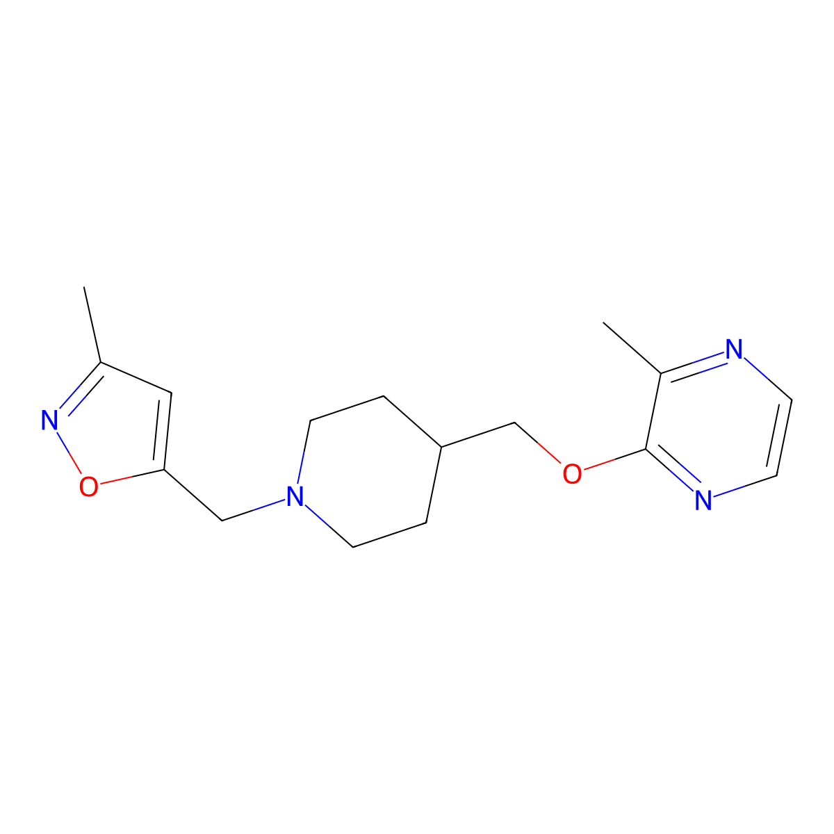 2-Methyl-3-({1-[(3-methyl-1,2-oxazol-5-yl)methyl]piperidin-4-yl}methoxy)pyrazine molecular structure, CAS 2877629-52-0