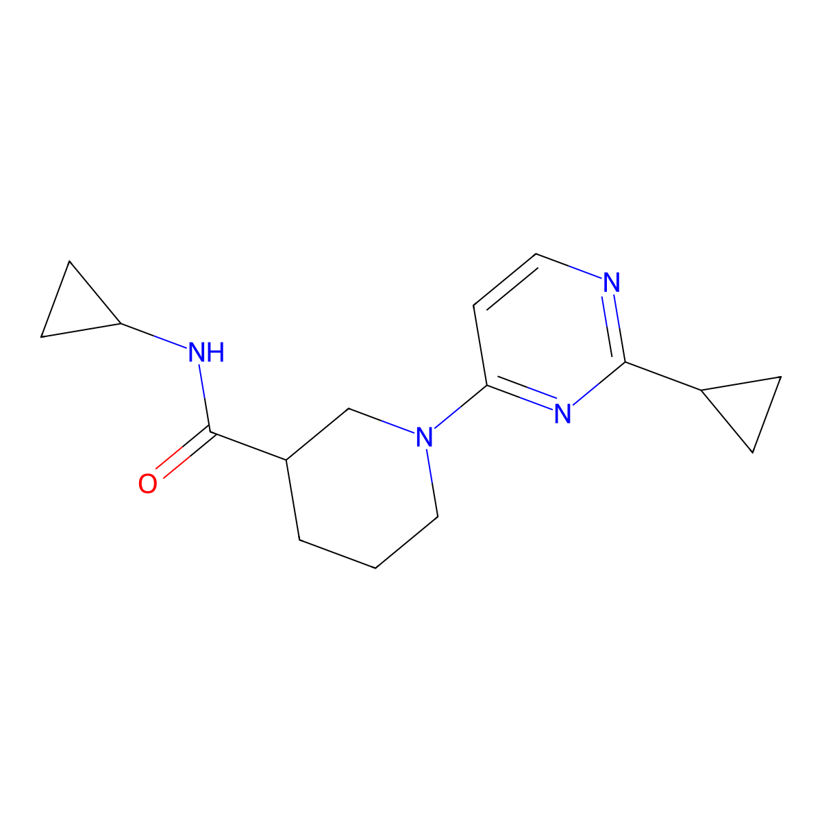 N-cyclopropyl-1-(2-cyclopropylpyrimidin-4-yl)piperidine-3-carboxamide molecular structure, CAS 2877629-61-1