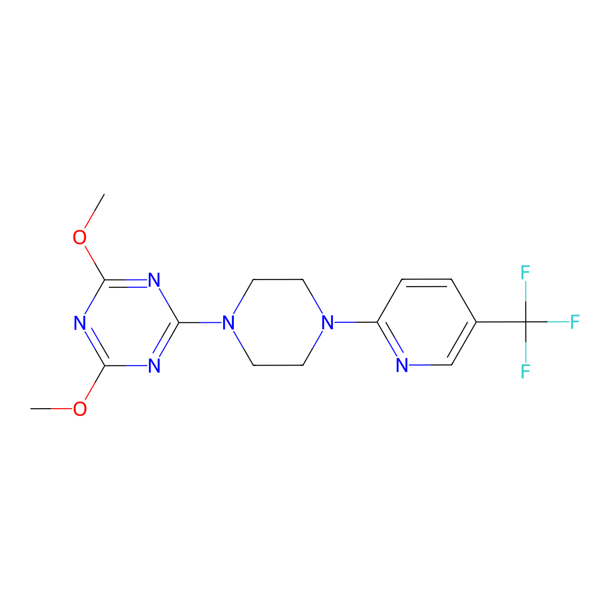 2,4-Dimethoxy-6-{4-[5-(trifluoromethyl)pyridin-2-yl]piperazin-1-yl}-1,3,5-triazine molecular structure, CAS 2877629-62-2