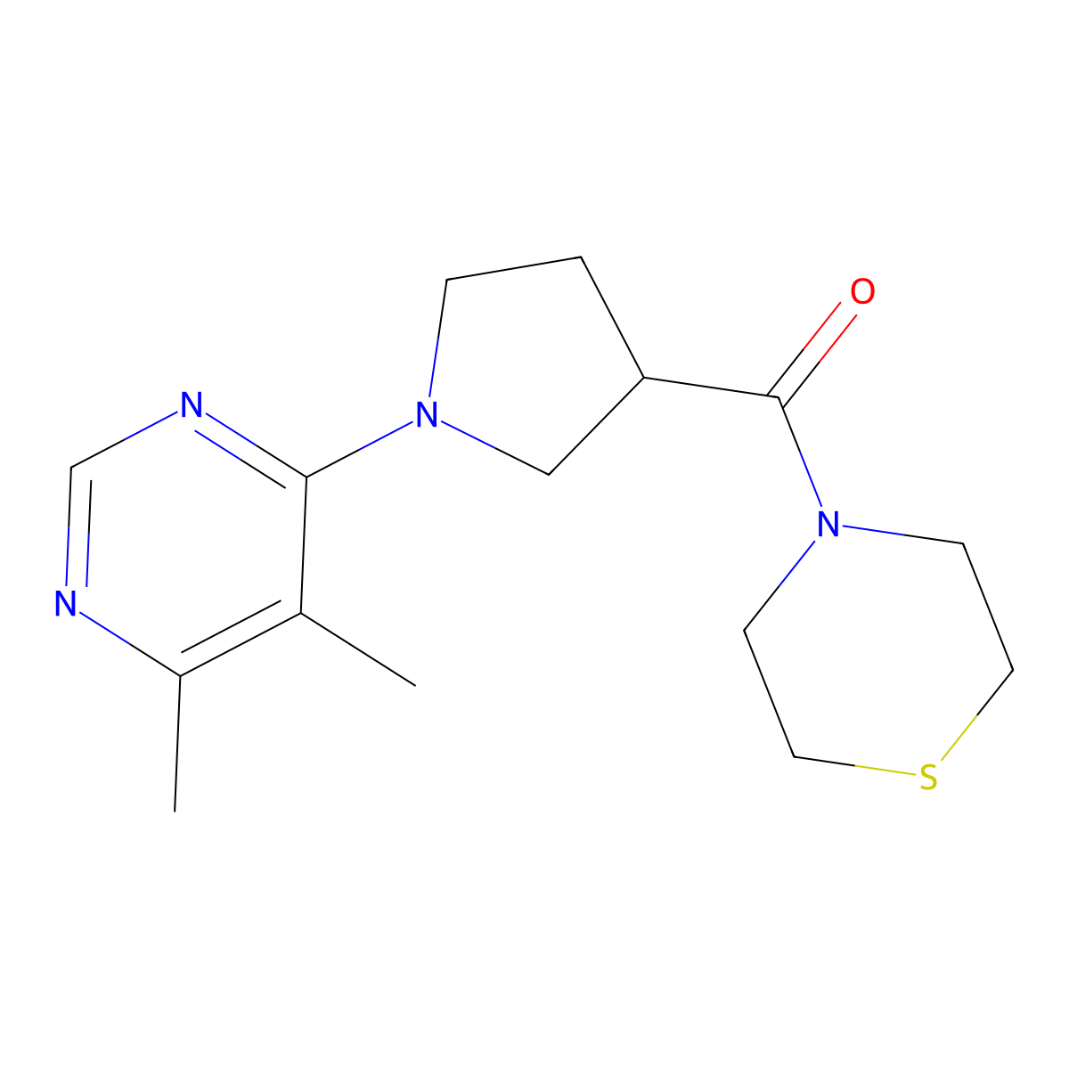 4-[1-(5,6-Dimethylpyrimidin-4-yl)pyrrolidine-3-carbonyl]thiomorpholine molecular structure, CAS 2877629-67-7