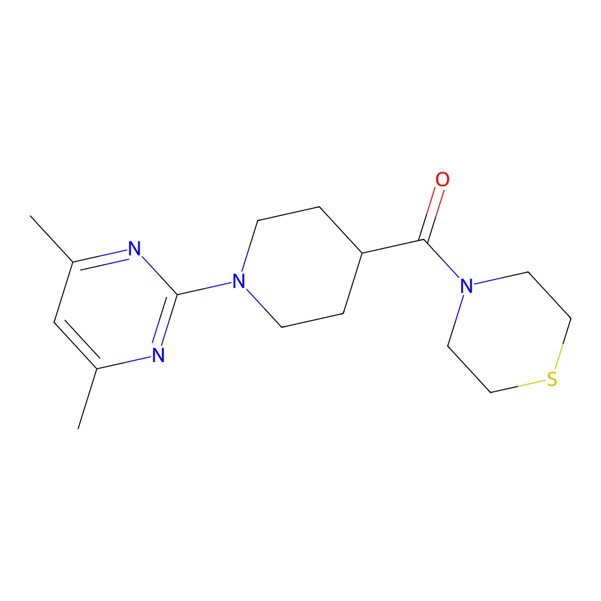 4-[1-(4,6-Dimethylpyrimidin-2-yl)piperidine-4-carbonyl]thiomorpholine molecular structure, CAS 2877629-82-6