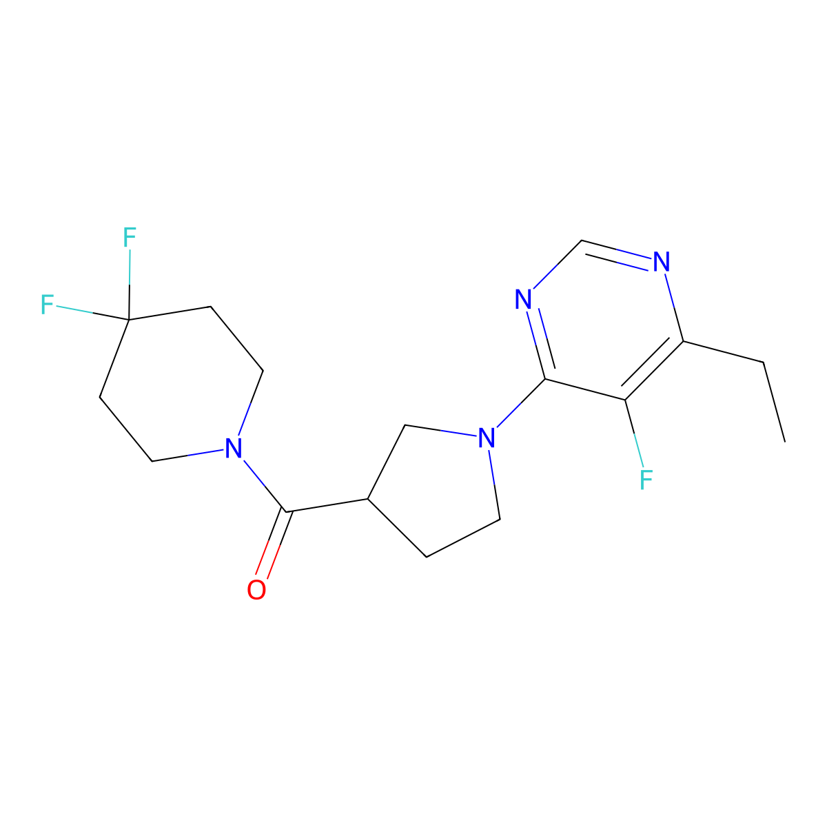 4-[3-(4,4-Difluoropiperidine-1-carbonyl)pyrrolidin-1-yl]-6-ethyl-5-fluoropyrimidine molecular structure, CAS 2877629-86-0