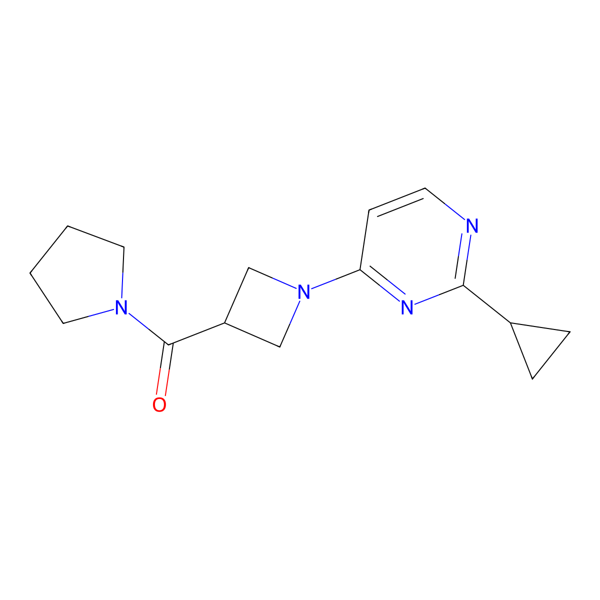 2-Cyclopropyl-4-[3-(pyrrolidine-1-carbonyl)azetidin-1-yl]pyrimidine molecular structure, CAS 2877629-96-2