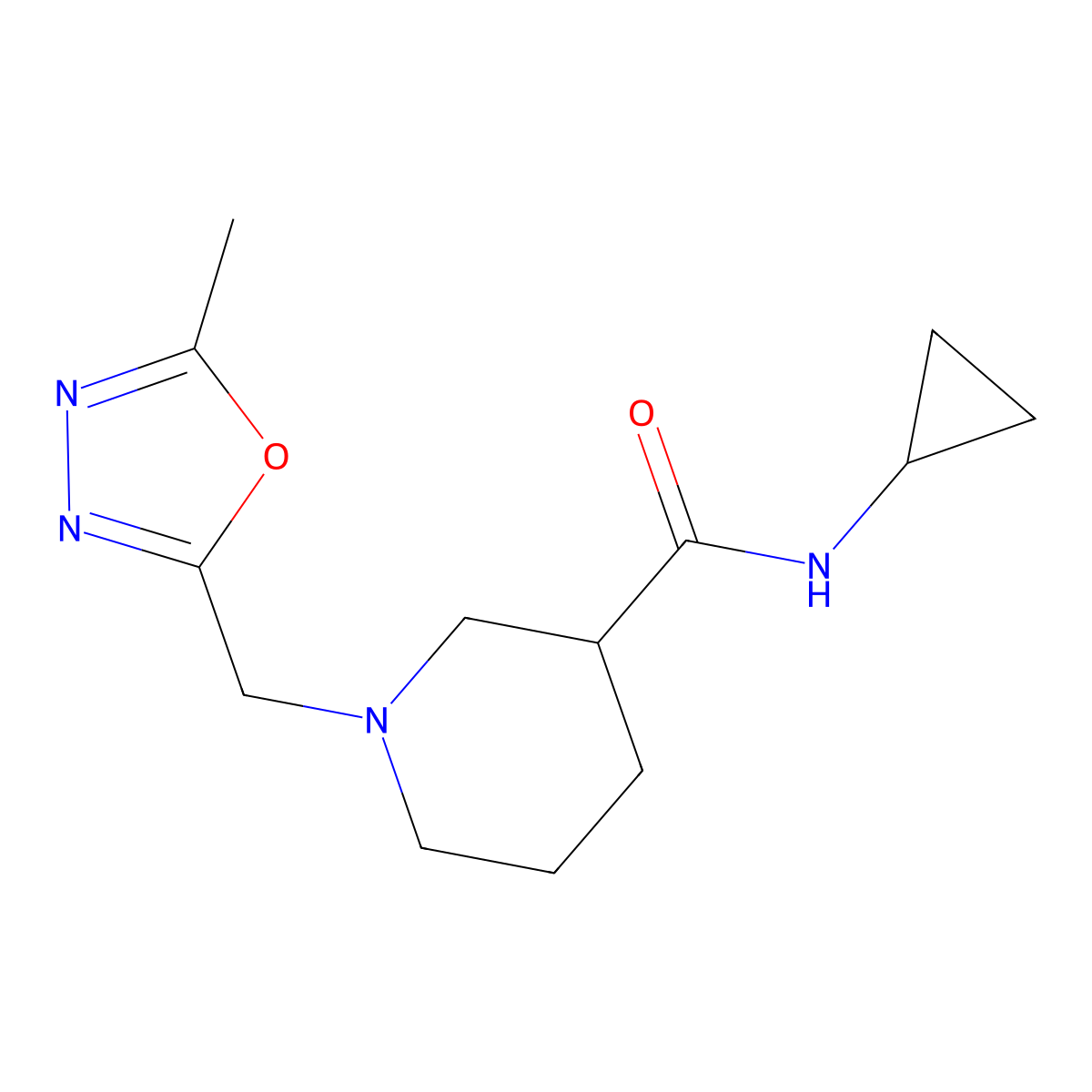 N-cyclopropyl-1-[(5-methyl-1,3,4-oxadiazol-2-yl)methyl]piperidine-3-carboxamide molecular structure, CAS 2877629-97-3