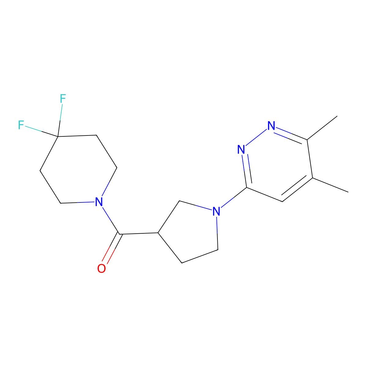 6-[3-(4,4-Difluoropiperidine-1-carbonyl)pyrrolidin-1-yl]-3,4-dimethylpyridazine molecular structure, CAS 2877630-02-7