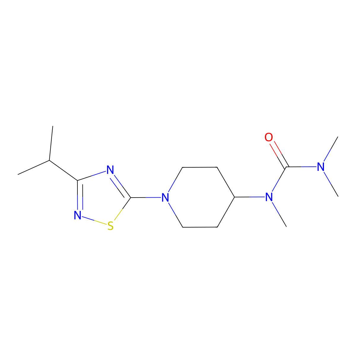 1,3,3-Trimethyl-1-{1-[3-(propan-2-yl)-1,2,4-thiadiazol-5-yl]piperidin-4-yl}urea molecular structure, CAS 2877630-05-0