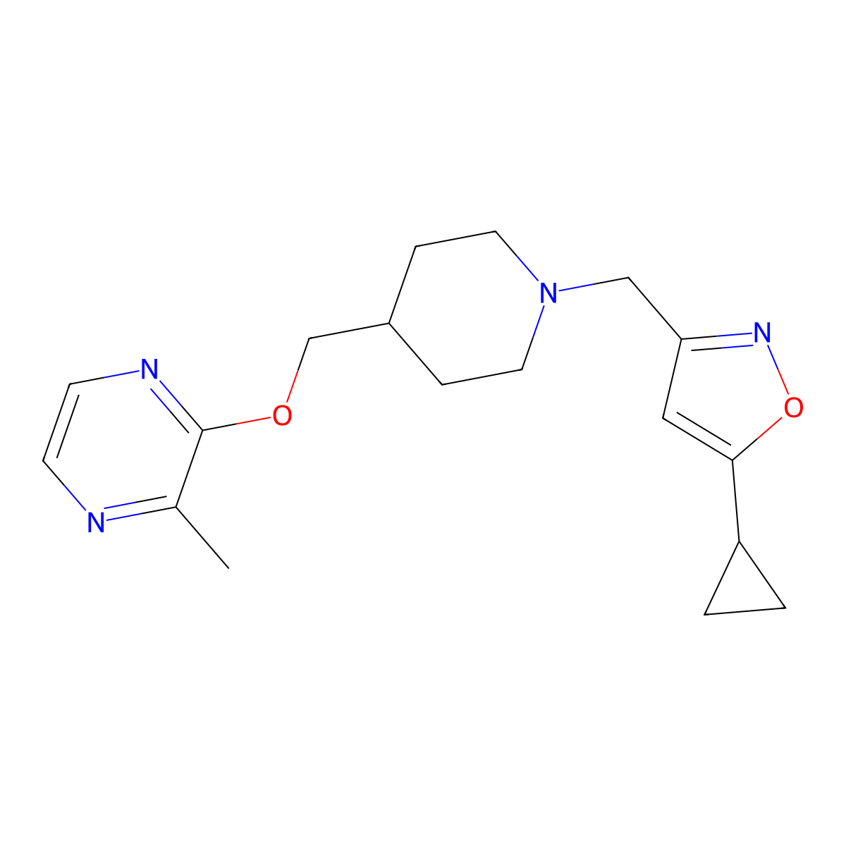 2-({1-[(5-Cyclopropyl-1,2-oxazol-3-yl)methyl]piperidin-4-yl}methoxy)-3-methylpyrazine molecular structure, CAS 2877630-10-7