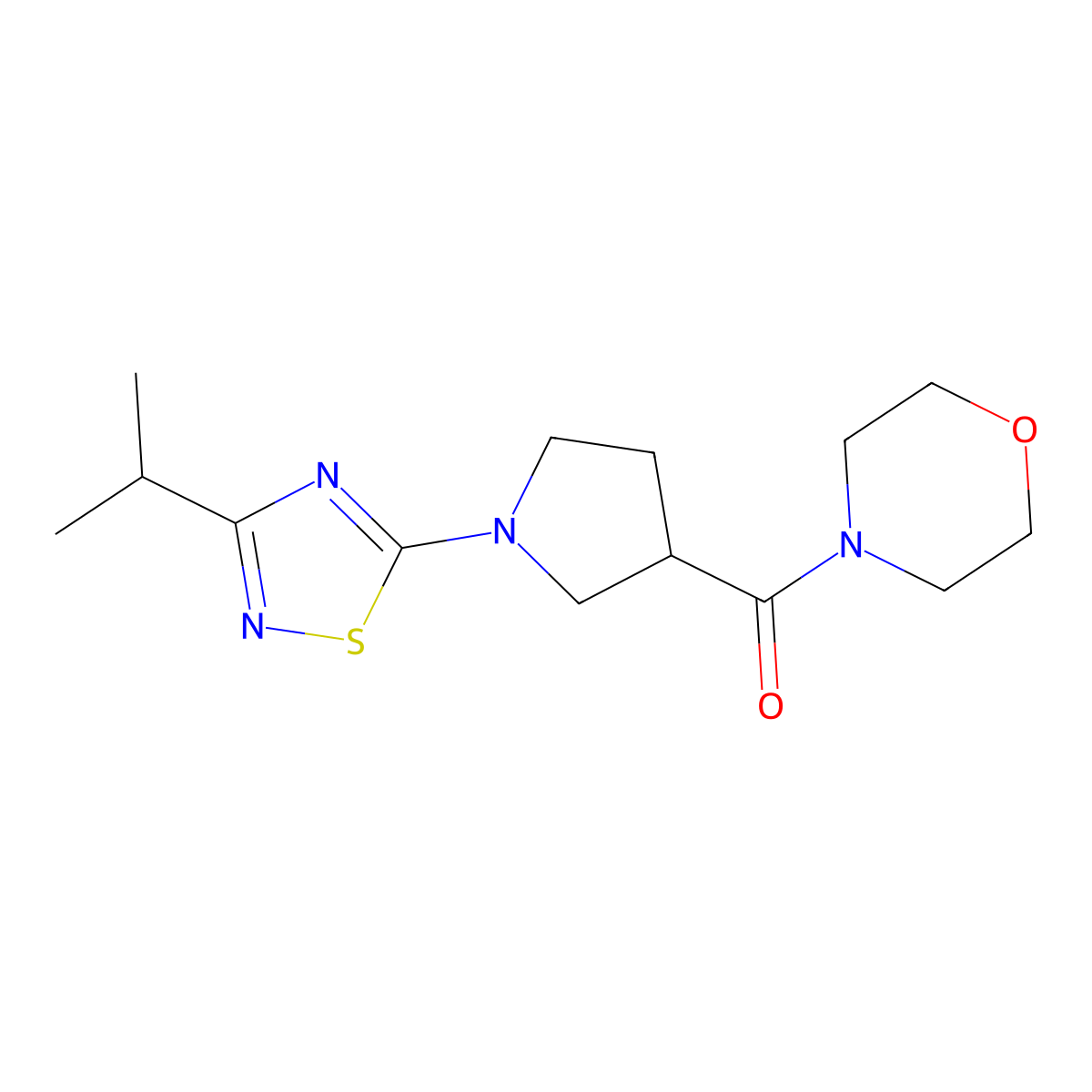 4-{1-[3-(Propan-2-yl)-1,2,4-thiadiazol-5-yl]pyrrolidine-3-carbonyl}morpholine molecular structure, CAS 2877630-14-1