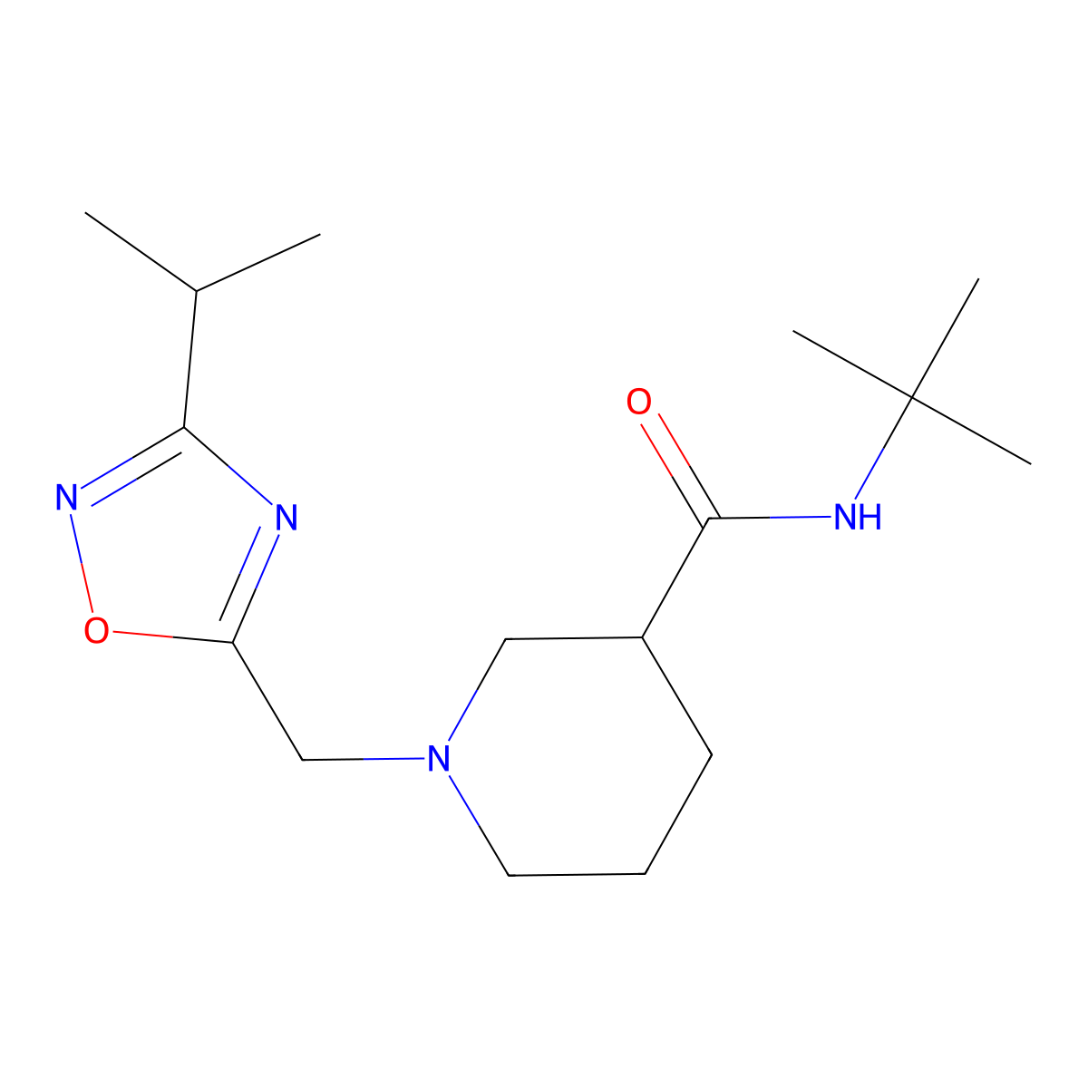 N-tert-butyl-1-{[3-(propan-2-yl)-1,2,4-oxadiazol-5-yl]methyl}piperidine-3-carboxamide molecular structure, CAS 2877630-16-3