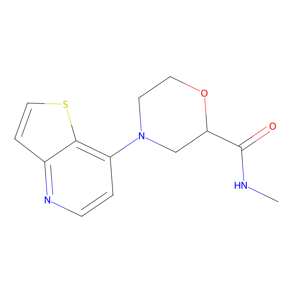 N-methyl-4-{thieno[3,2-b]pyridin-7-yl}morpholine-2-carboxamide molecular structure, CAS 2877630-24-3